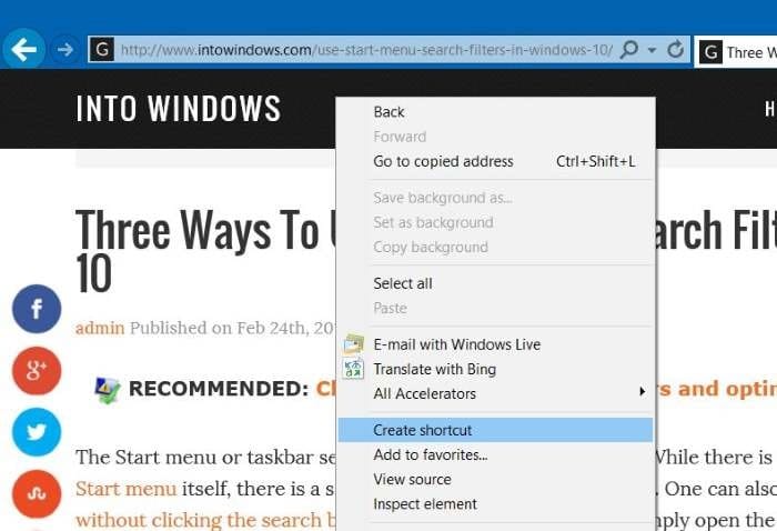 create desktop shortcut to website windows 10